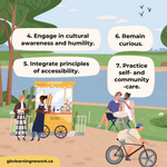 4. Engage in cultural awareness and humility. 5. Integrate principles of accessibility. 6. Remain curious. 7. Practice self- and community-care.